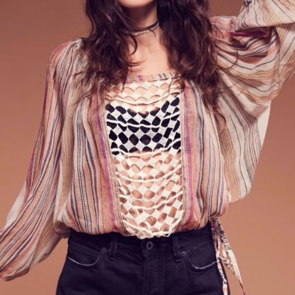 FREE PEOPLE ONE BOHO PEASANT STRIPE PUFF SLEEVE BLOUSE CROCHET LACE INSET XS/S